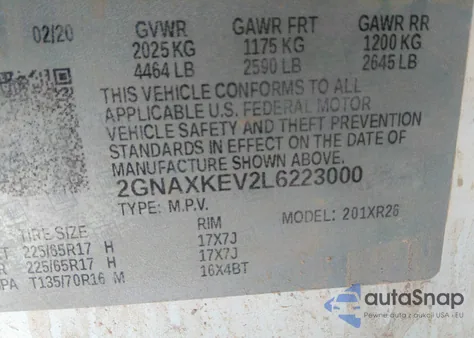 2020 Chevrolet Equinox Fwd Lt 1.5L Turbo из США, поврежденный, VIN 2GNAXKEV2L6223000